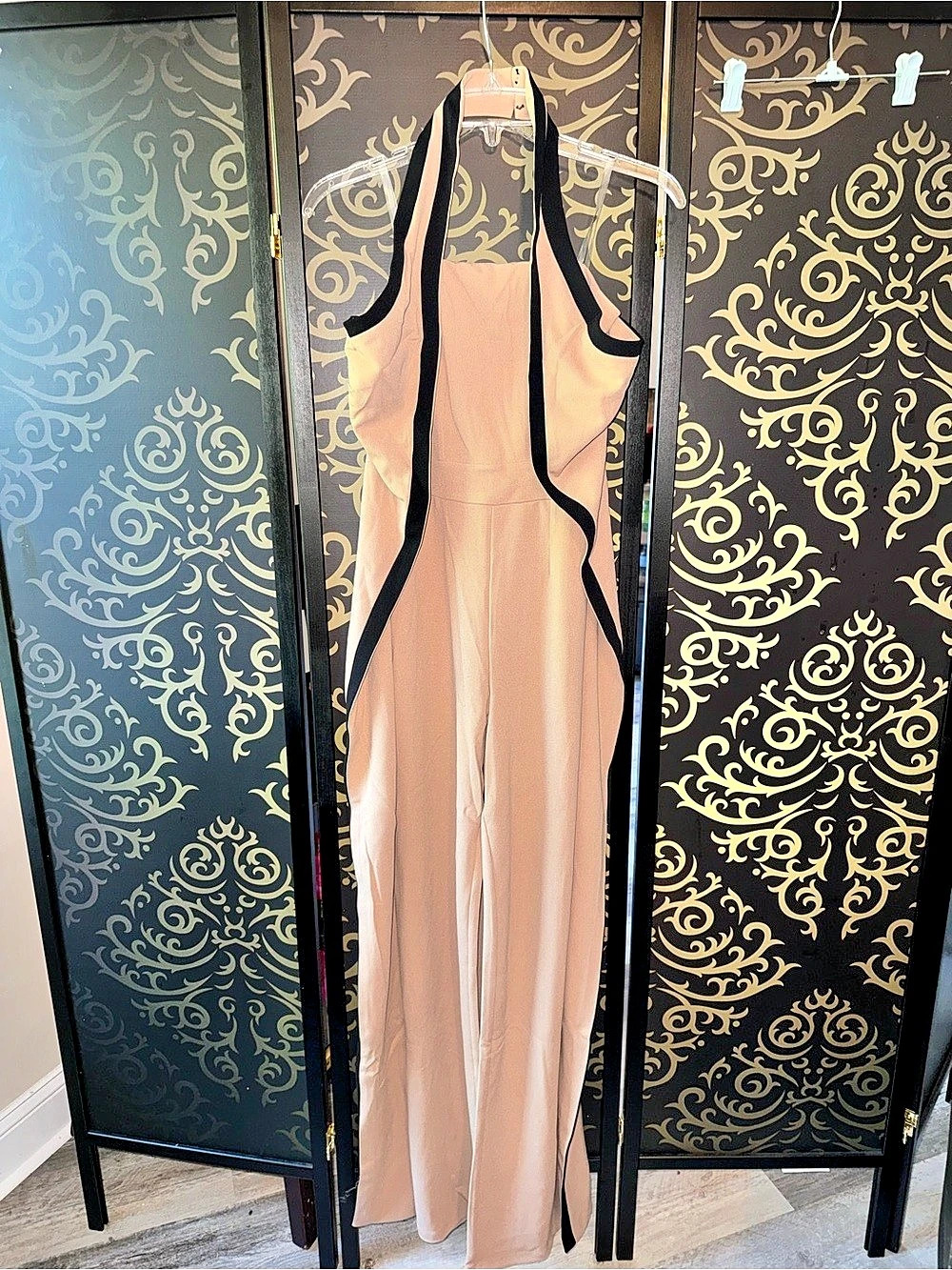 Fashion Nova For the Moment Draped Halter Jumpsuit Beige & Black NWT Size XS